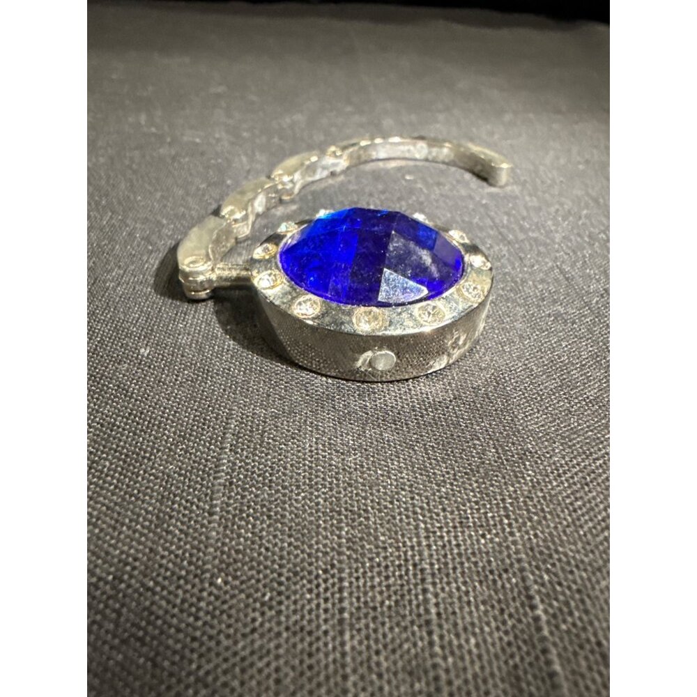 Silver Foldable Purse Hook With Blue Gem & Rhinestones - Picture 4 of 10